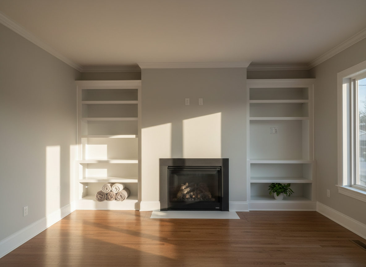A cozy yet refined Denver living room showcasing completed handyman and finishing work, including flawlessly installed baseboards, neatly trimmed window casings, and a newly mounted built-in shelving unit surrounding a gas fireplace. The walls are painted a smooth, even light greige with crisp, straight cut-in lines at the ceiling. Late afternoon light filters in through unseen windows, casting soft, natural shadows that emphasize the clean edges and smooth drywall repairs. The composition is wide and slightly elevated, capturing the entire wall and floor area in sharp focus. The atmosphere feels calm, organized, and move-in ready, with photographic realism that draws attention to the craftsmanship rather than furnishings, reinforcing trust in professional home improvement services.