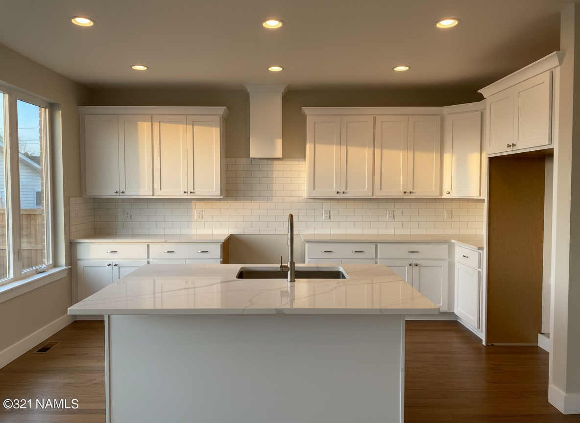 A beautifully remodeled open-concept kitchen in a Denver metro home, featuring shaker-style white cabinets with soft-close doors, a large quartz island with subtle gray veining, and a stainless steel farmhouse sink. The island’s smooth surface reflects soft afternoon natural light streaming through a nearby window, while discreet recessed ceiling lights add warm highlights. The backsplash is a clean subway tile with precise grout lines, and the hardwood floors are a rich, medium oak with a satin finish. Captured at eye level with sharp focus throughout, the composition emphasizes clean lines, craftsmanship, and a clutter-free, move-in-ready look. The mood is professional, trustworthy, and inviting, showcasing a completed remodeling project in realistic photographic detail.