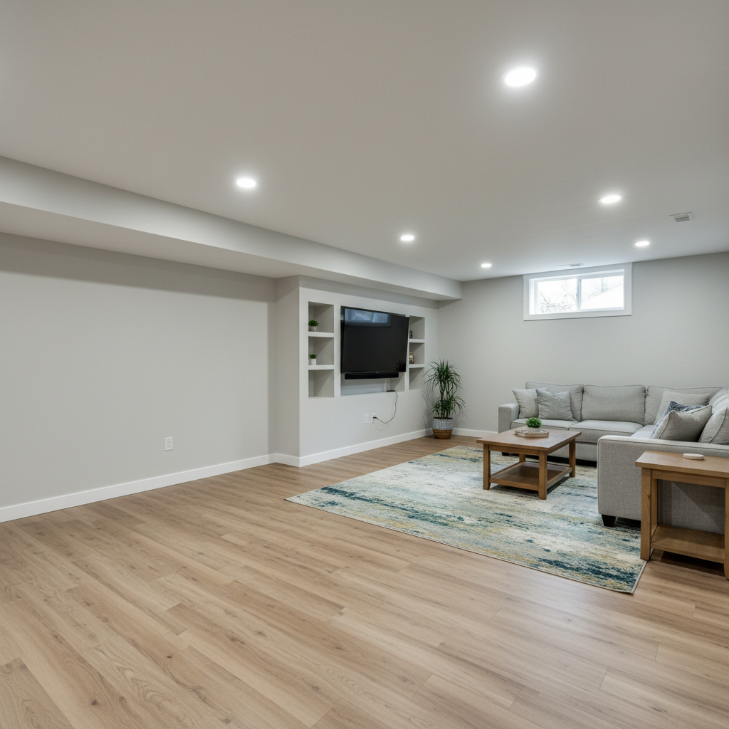 A bright, finished basement remodel in a Denver suburban home, transformed from a dark storage area into a functional family space. The room features new luxury vinyl plank flooring with a realistic wood grain, fresh drywall with perfectly sanded seams, recessed LED ceiling lights in a clean grid, and a built-in alcove designed for media equipment. Natural light seeps through a small egress window, softened by overcast daylight, while the overhead lighting adds even, shadow-free illumination. Captured with a wide-angle lens from one corner, the image shows the full length of the room in sharp detail. The mood is practical and optimistic, emphasizing a clean, dry, professionally finished space ideal for everyday living and demonstrating full-room remodeling capability.