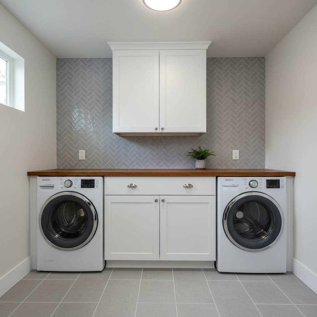 A tidy, remodeled laundry room in a Denver home, designed to showcase both remodeling and handyman skills. The space features a custom-built white utility cabinet with perfectly aligned doors, a butcher-block folding counter with a smooth satin finish, and a newly installed tile backsplash in a soft gray herringbone pattern. The floor is covered in large, water-resistant porcelain tiles with narrow, even grout lines. Bright but diffused overhead lighting combines with subtle natural light from a small window, eliminating harsh shadows and emphasizing cleanliness. Captured at eye level with a balanced composition, the image highlights practical storage, precise trim work, and expertly placed outlets and plumbing connections. The mood is orderly and efficient, conveying trust and attention to detail in functional spaces.