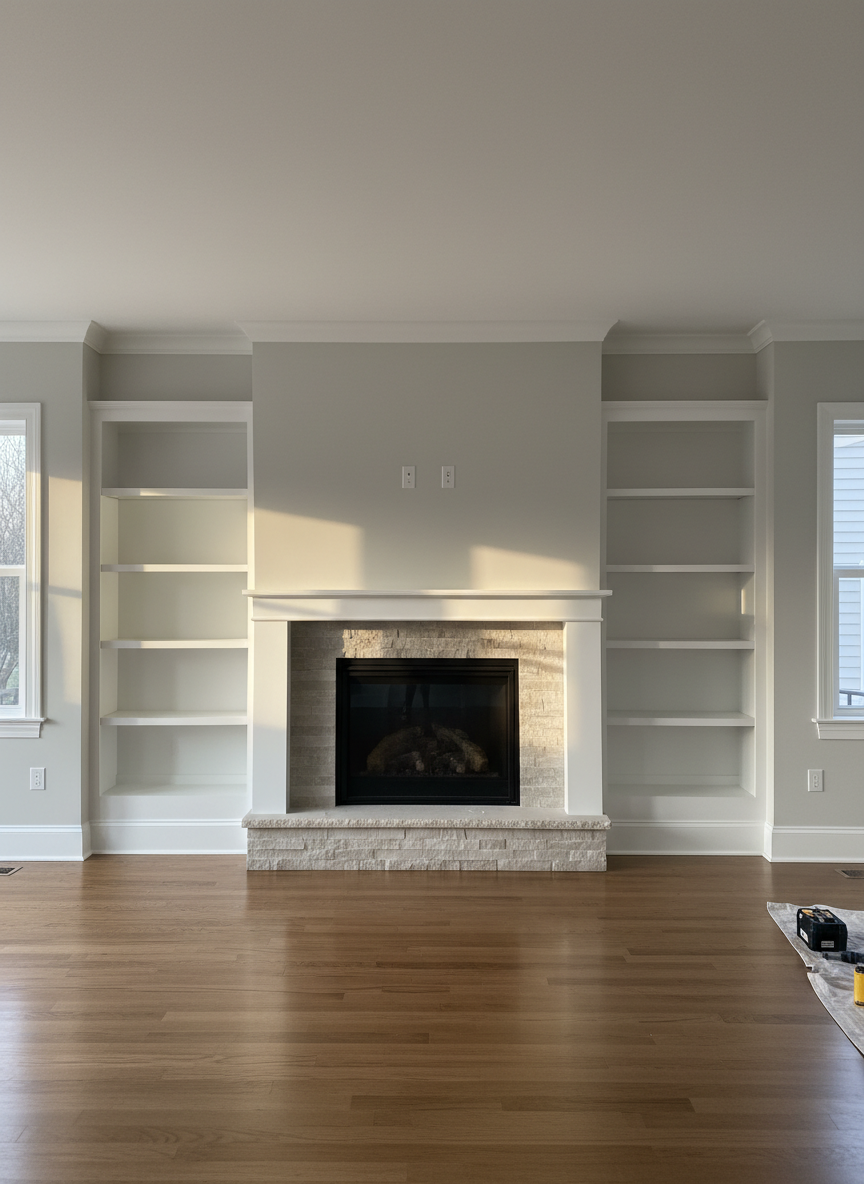 A cozy yet refined Denver living room showcasing completed handyman and finishing work, including flawlessly installed baseboards, neatly trimmed window casings, and a newly mounted built-in shelving unit surrounding a gas fireplace. The walls are painted a smooth, even light greige with crisp, straight cut-in lines at the ceiling. Late afternoon light filters in through unseen windows, casting soft, natural shadows that emphasize the clean edges and smooth drywall repairs. The composition is wide and slightly elevated, capturing the entire wall and floor area in sharp focus. The atmosphere feels calm, organized, and move-in ready, with photographic realism that draws attention to the craftsmanship rather than furnishings, reinforcing trust in professional home improvement services.