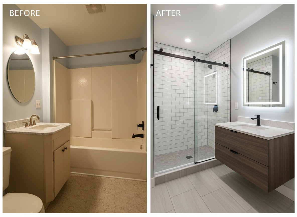 A split-screen, photographic before-and-after of a small dated bathroom remodeled into a modern retreat in a Denver-area home. On the left, a cramped space with worn vinyl flooring, an old beige vanity, and a discolored fiberglass tub. On the right, the same angle reveals large-format porcelain floor tiles, a sleek floating vanity with a quartz countertop, matte black hardware, and a frameless glass shower with subway tile walls. Bright, diffused ceiling lighting and a backlit mirror create a clean, fresh glow, with crisp reflections on the fixtures. Shot straight-on with matching composition in both halves, the image clearly contrasts the transformation and highlights attention to detail, tile alignment, and precise caulking, conveying reliability and skill.