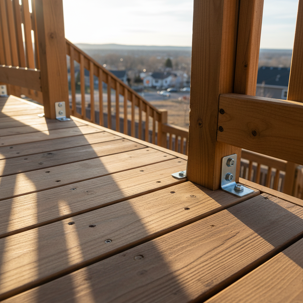 A detailed close-up of handyman craftsmanship on a freshly repaired exterior wooden deck in the Denver metro area. The image focuses on the junction where a new pressure-treated deck board meets older boards, all sanded smooth and evenly spaced, with neatly countersunk screws in straight lines. The surrounding railing posts show clean, secure brackets and tight, accurate cuts. Late-day golden sunlight rakes across the wood, highlighting the grain and subtle variations in tone, while casting gentle, directional shadows that showcase texture. Shot from a low, angled perspective with shallow depth of field, the foreground is crisply in focus while the background softly blurs. The overall feeling is professional, sturdy, and durable, capturing the quality and reliability of small-scale exterior repair work.