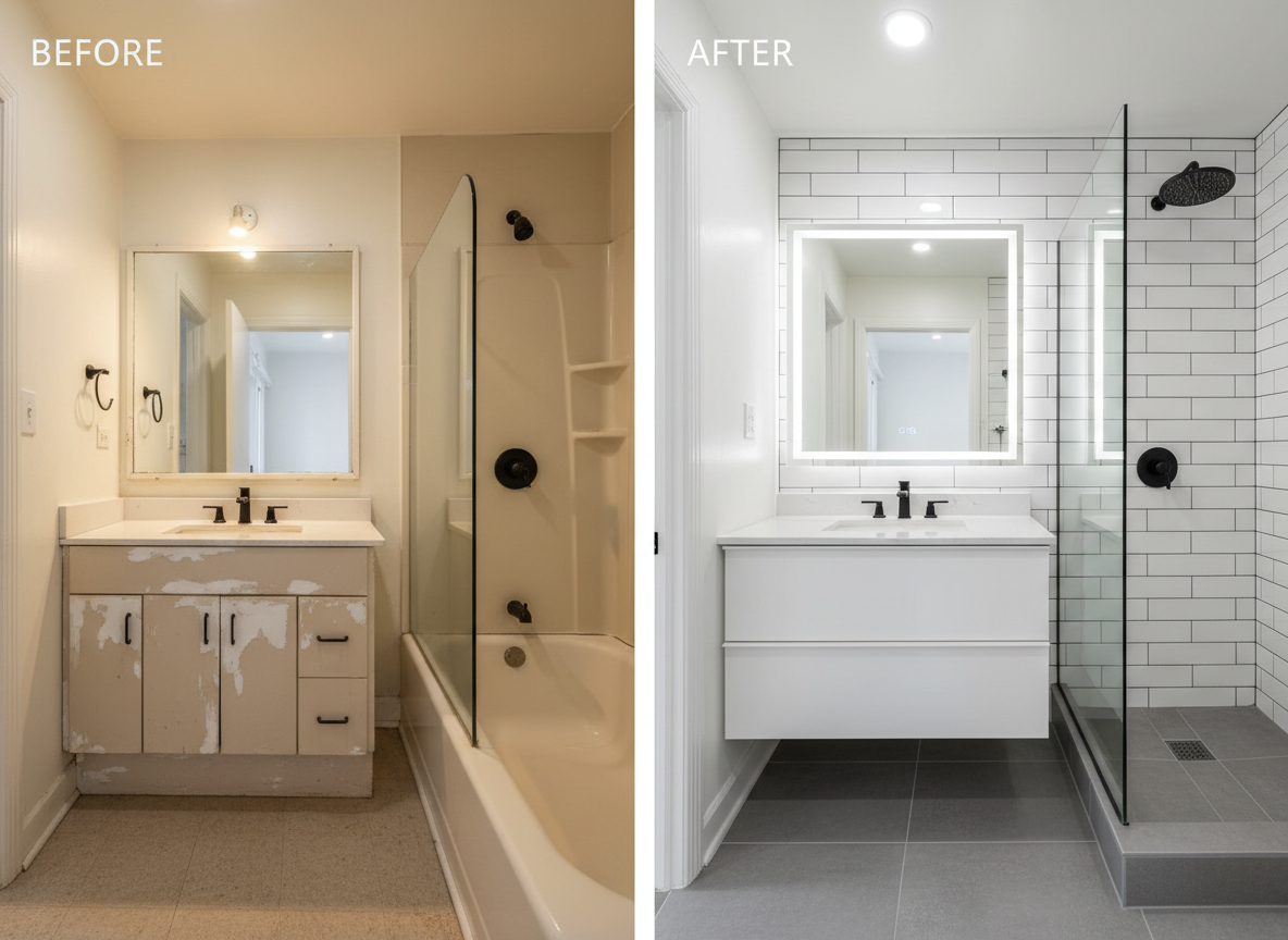 A split-screen, photographic before-and-after of a small dated bathroom remodeled into a modern retreat in a Denver-area home. On the left, a cramped space with worn vinyl flooring, an old beige vanity, and a discolored fiberglass tub. On the right, the same angle reveals large-format porcelain floor tiles, a sleek floating vanity with a quartz countertop, matte black hardware, and a frameless glass shower with subway tile walls. Bright, diffused ceiling lighting and a backlit mirror create a clean, fresh glow, with crisp reflections on the fixtures. Shot straight-on with matching composition in both halves, the image clearly contrasts the transformation and highlights attention to detail, tile alignment, and precise caulking, conveying reliability and skill.