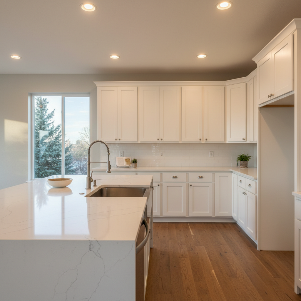 A beautifully remodeled open-concept kitchen in a Denver metro home, featuring shaker-style white cabinets with soft-close doors, a large quartz island with subtle gray veining, and a stainless steel farmhouse sink. The island’s smooth surface reflects soft afternoon natural light streaming through a nearby window, while discreet recessed ceiling lights add warm highlights. The backsplash is a clean subway tile with precise grout lines, and the hardwood floors are a rich, medium oak with a satin finish. Captured at eye level with sharp focus throughout, the composition emphasizes clean lines, craftsmanship, and a clutter-free, move-in-ready look. The mood is professional, trustworthy, and inviting, showcasing a completed remodeling project in realistic photographic detail.